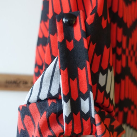 Poema geometric red grey black boho tunic top S SM Small - Picture 2 of 12